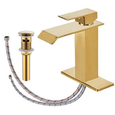 Cupc BWE Golden Finish Single-Handle Lever One Hole Lavatory Waterfall Bathroom Sink Faucet